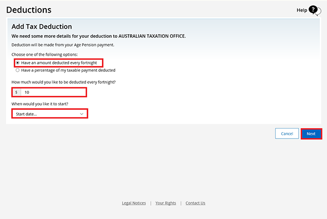 Managing tax deductions with your Centrelink online account – online help - Step 2c