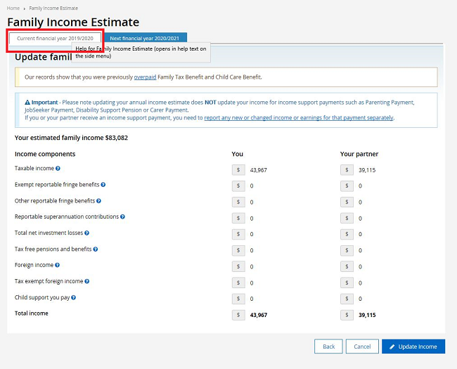 Centrelink online account help Update your family estimate and payment choice