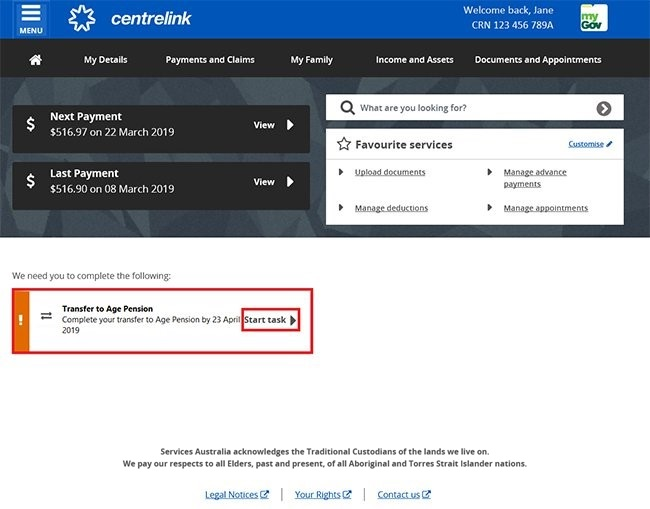 Centrelink online account help Transfer to Age Pension online