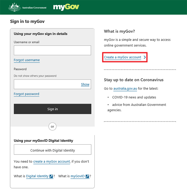 myGov help - Create myGov account - Services Australia