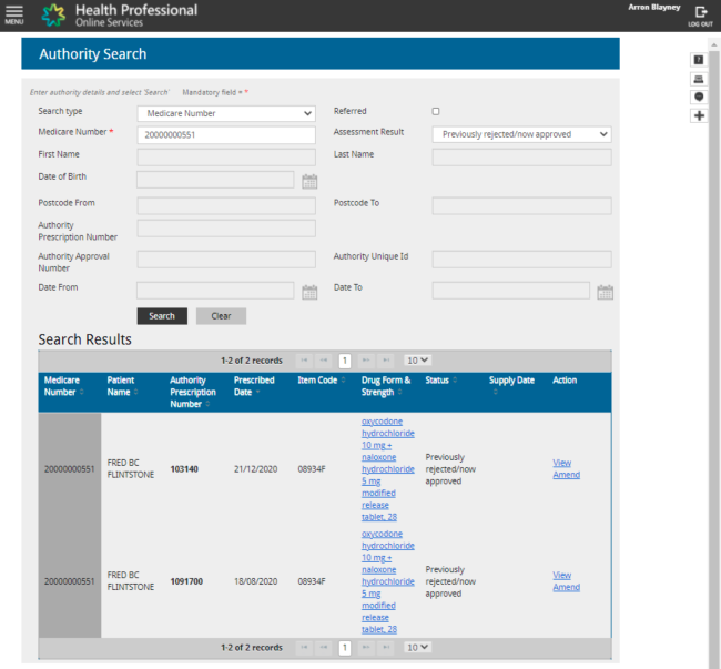 Search for an existing authority using Online PBS Authorities in HPOS