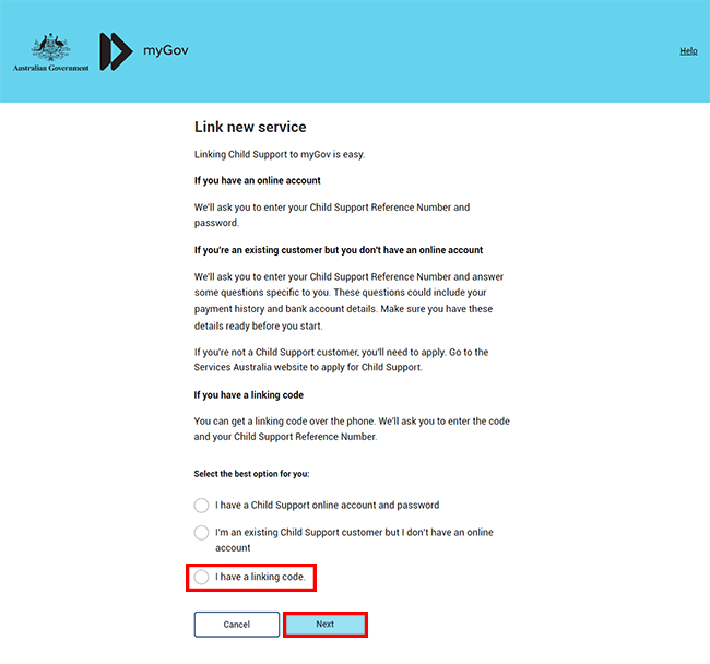 myGov help Link Child Support to myGov using a linking code