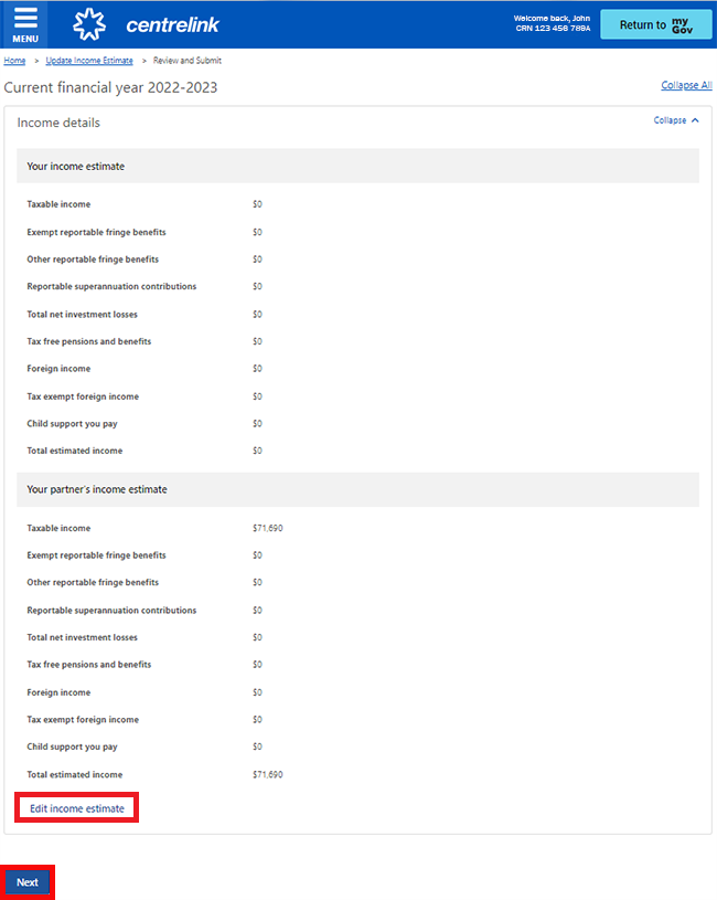 centrelink-online-account-help-update-your-family-income-estimate-and
