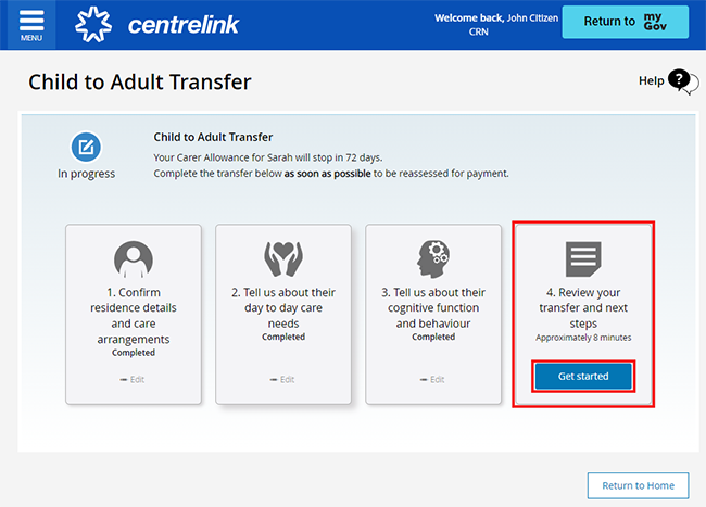 Centrelink Online Account Help Request To Transfer Carer Payments For 