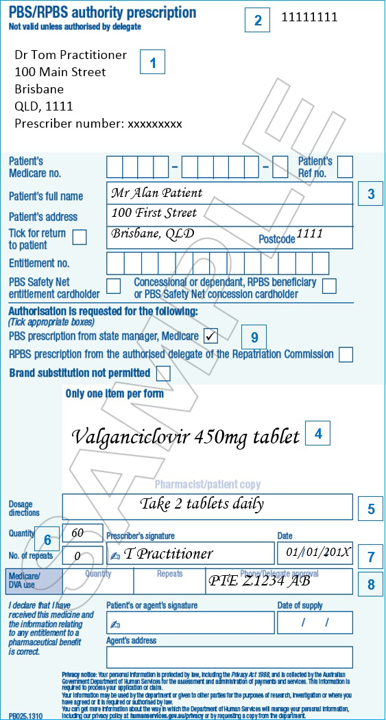 An example HSD PTE prescription with the doctor, patient, and perscription filled in